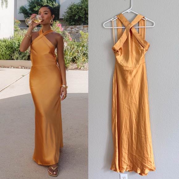 Selfie Leslie Dresses & Skirts - Selfie Leslie Italia Azure Crossover Halter neck Satin Maxi Dress Sun